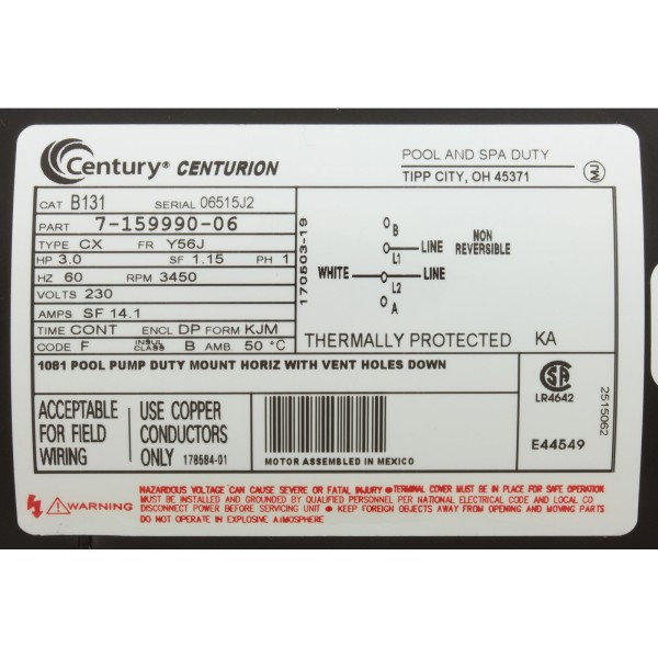Motor, Century, 3.0hp, 230v, 1-Spd, 56Jfr, C-Face Thd : B131