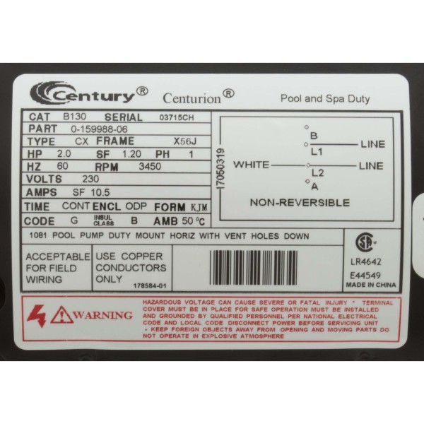 Motor, Century, 2.0hp, 230v, 1-Spd, 56Jfr, C-Face Thd : B130