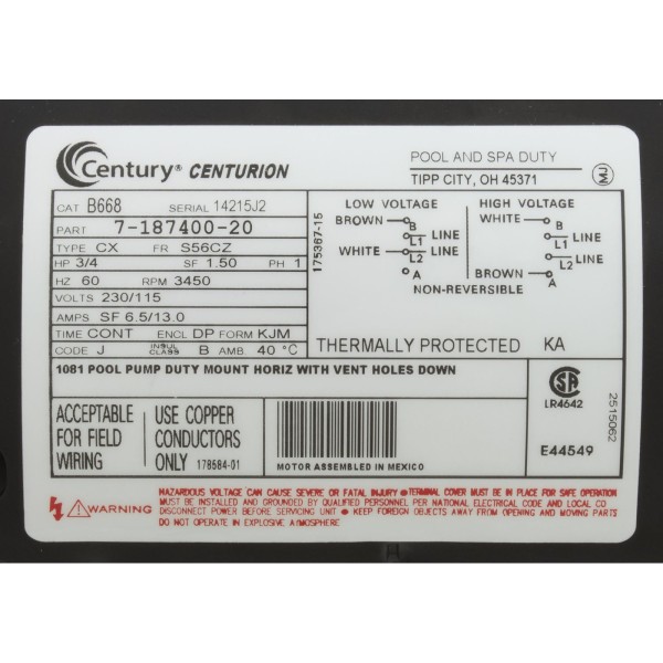 Motor, Letro, 0.75hp, 115v/230v, 1-Spd, 56Cfr, Thd, LA01 : B668