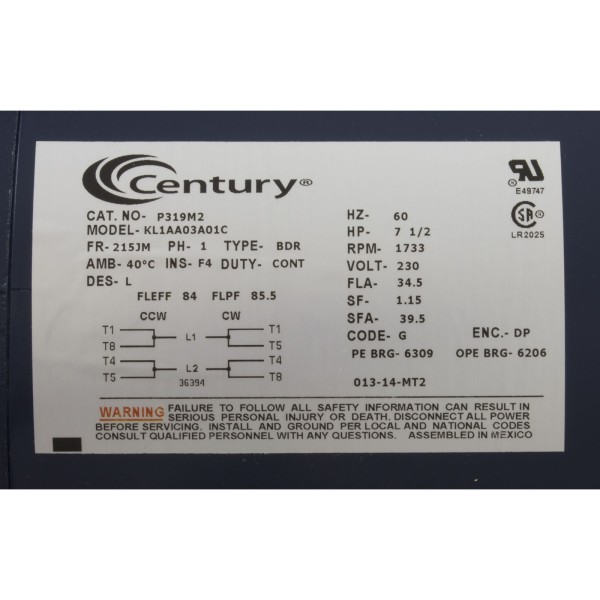Motor, Century, 7.5hp, 230v, 1 Spd, 215JM Frame : P319