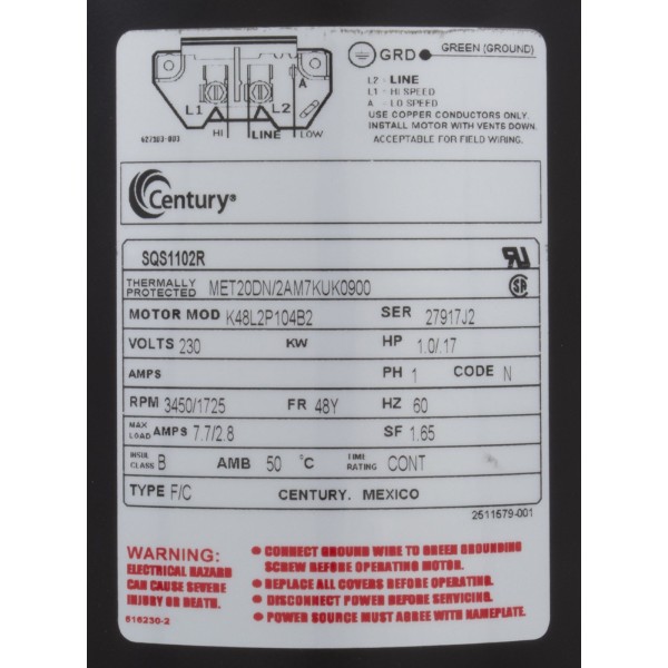 Motor, AO Smith, 1.0hp, 230v, 2-Spd, 48Yfr, SQFL, EE : SQS1102R