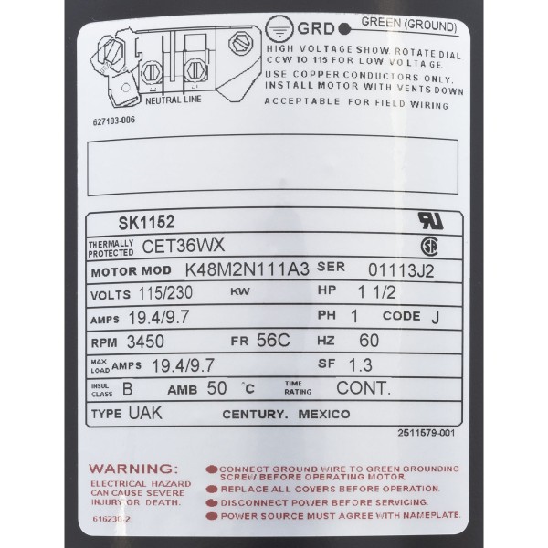 Motor, Century, 1.5hp, 115v/230v, 1-Spd, 56Cfr, C-Face Key : SK1152
