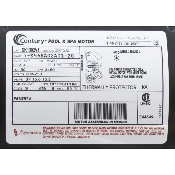 Motor, Century, 3.0hp, 208-230v, 1-Spd, 56Cfr, C-Face Key, EE : SK1302V1