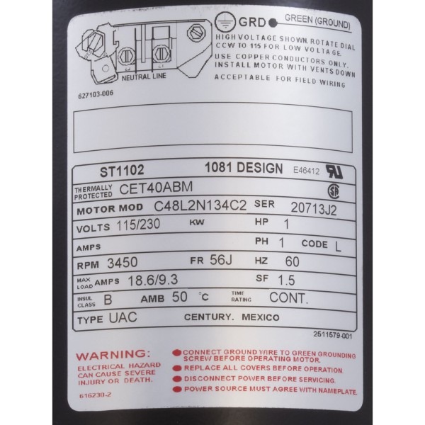 Motor, Century, 1.0hp, 115v/230v, 1-Spd, 56Jfr, C-Face Thd : ST1102