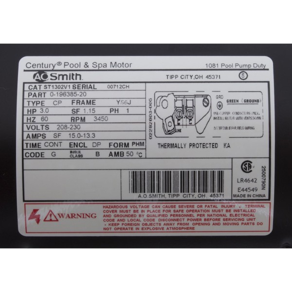 Motor, Century, 3.0hp, 208v-230v, 1-Spd, 56Jfr, C-Face Thd, EE : ST1302V1