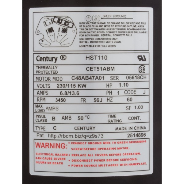Motor, Century Cent PRO, 1.0hp, 1Spd, 115/230v, CFace, 56Jfr, Thd : HST110