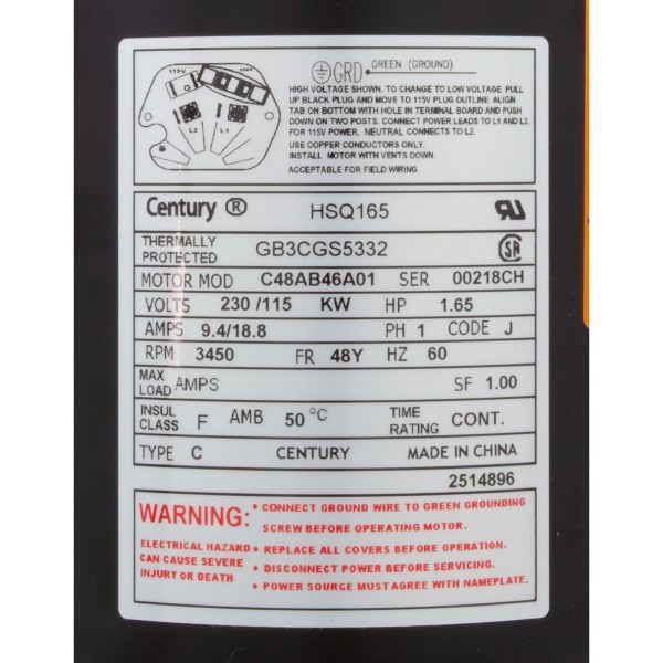 Motor, Century Cent PRO, 1.65hp, 115/230v, 1Spd, SQFL, 48Yfr, Thd : HSQ165