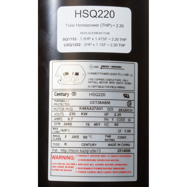 Motor, Century Cent PRO, 2.2hp, 230v, 1-Spd, SQFL, 48Yfr, Thd : HSQ220