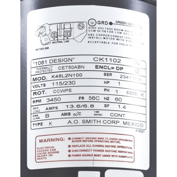 Motor, Century, 1.0hp, 115v/230v, 1-Spd, 56Cfr, C-Face Key : CK1102