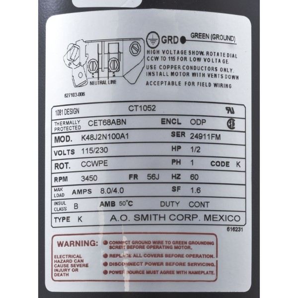 Motor, Century, 0.5hp, 115v/230v, 1-Spd, 56Cfr, C-Face Thd, EE : CT1052