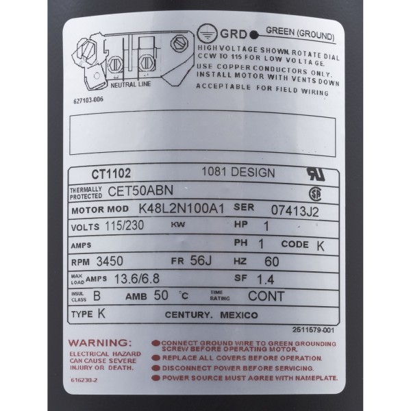 Motor, Century, 1.0hp, 115v/230v, 1-Spd, 56Cfr, C-Face, Thd, EE : CT1102