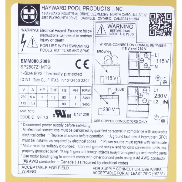 Motor, Hayward Super Pump, 1.0 HP, C FLG, TEFC : SPX2607Z1MTG