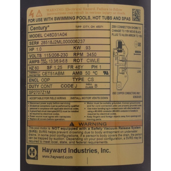 Motor, Hayward MaxFlo II/XL, 1.0hp, 115v/208-230v, Max Rate : SPX2707Z1M
