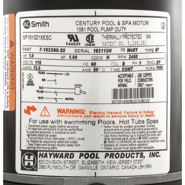 Motor, AO Smith, 1.0hp, 1-Spd, w/Switch, Matrix : SPX1510Z1XE