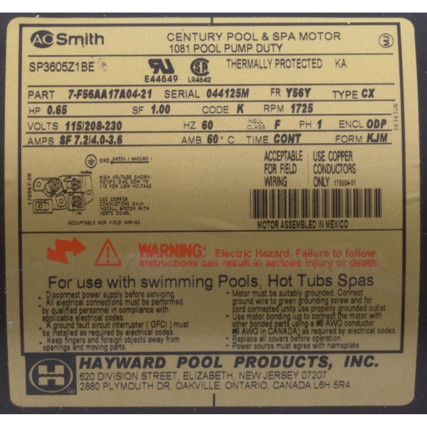 Motor, AO Smith, .65hp, 115v/208v-230v, 1-Spd, Tristar Waterfall : SPX3605Z1BER