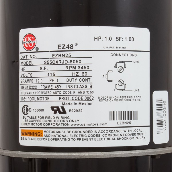 Motor, Nidec/US Motor, 1.0hp, 115v, 1-Spd, 48Y Frame : EZBN25