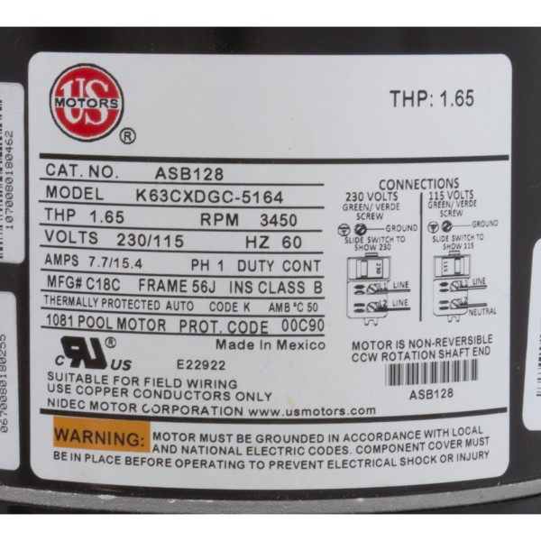 Motor, US Motor, 1.0 Horsepower, Threaded, Fullrate, 115/230 : ASB128