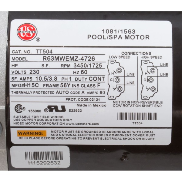 Motor, US Motor, 2.5 Horsepower, ThruBolt, 2-Spd, 230v, 56Y, : TT504