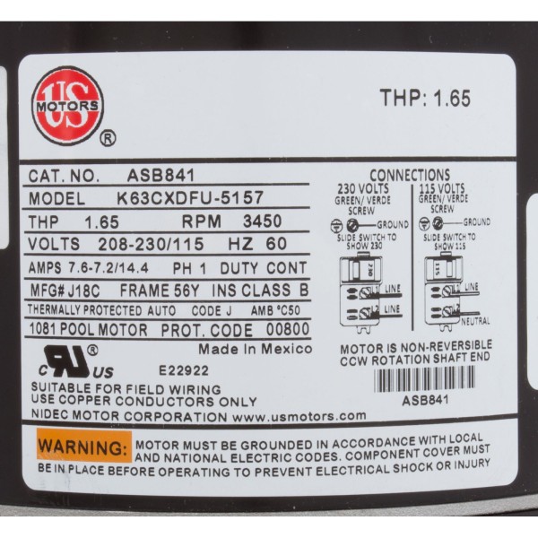 Motor, US Motor, 1.0hp, SQFL, Fullrate, 115/208/230v, 56Y, EE : ASB841