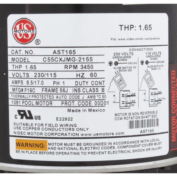 Motor, US Motor, 1.0hp, Threaded, Fullrate, 115/230v, 56J : AST165