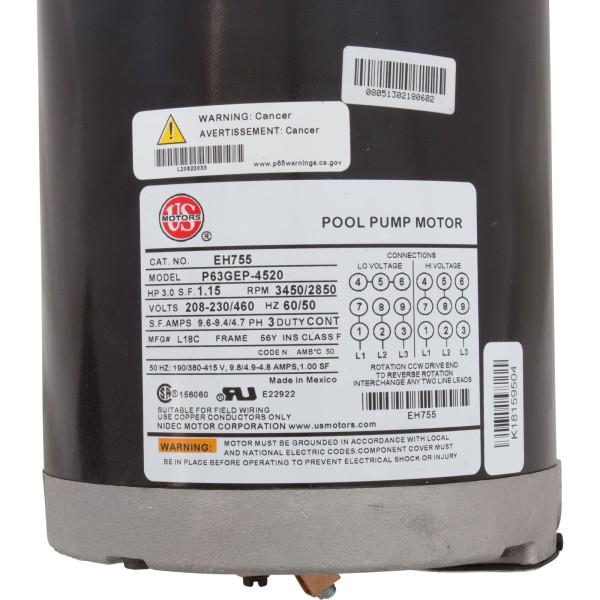 Motor, US Motor, 3.0hp, SQFL, Fullrate, 3 Phase, 208/230/460v : EH755