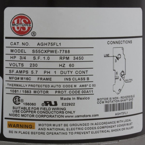 Motor, US Motor, 0.75 Horsepower, ThruBolt, 1-Speed, 230v, 5.7A : AGH75FL1