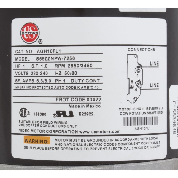 Motor, US Motor, 1.0 Horsepower, ThruBolt, 1-Speed, 230v, 6.0A : AGH10FL1