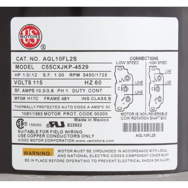 Motor, US Motor, 1.0 Horsepower, ThruBolt, 2-Speed, 115v, 48Y : AGL10FL2S