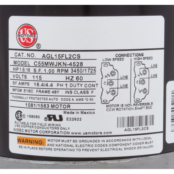 Motor, US Motor, 1.5 Horsepower, ThruBolt, 2-Speed, 115v, 48Y : AGL15FL2CS