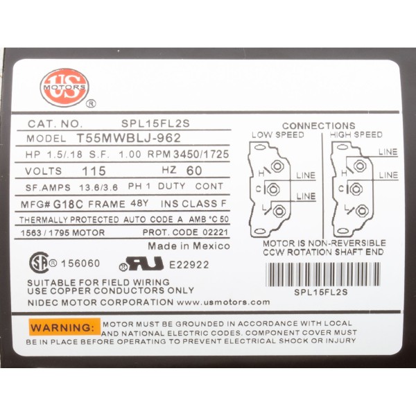 Motor, US Motor, 1.5 Horsepower, ThruBolt, 2-Speed, 115v, 48Y : SPL15FL2S