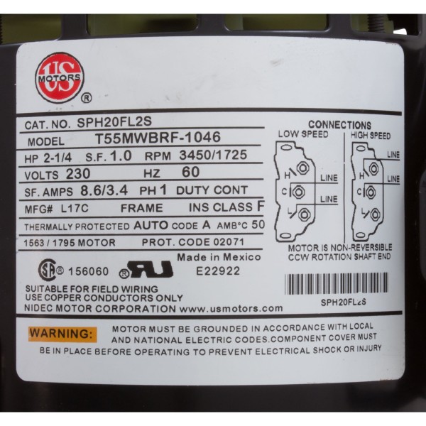 Motor, US Motor, 2.0 Horsepower, ThruBolt, 2-Speed, 230v, 48Y : SPH20FL2S
