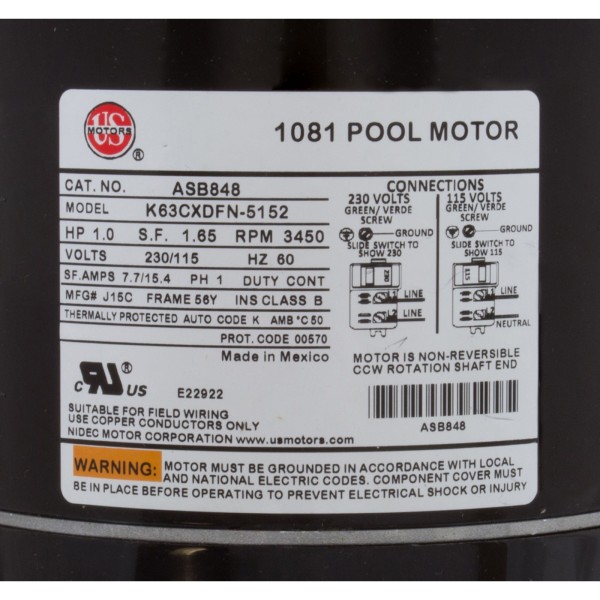 Motor, US Motor, 1 Hp 115/230v SQFL : ASB848