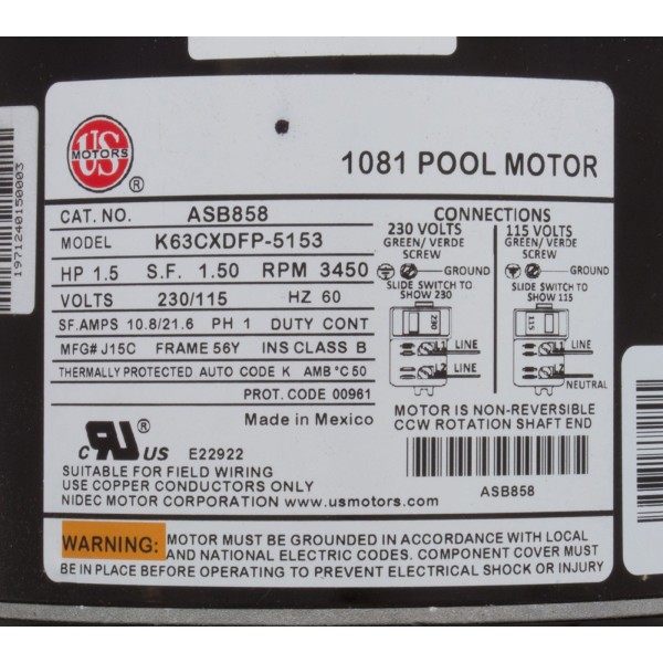 Motor, US Motor, 1-1/2 Hp 115/230v SQFL : ASB858