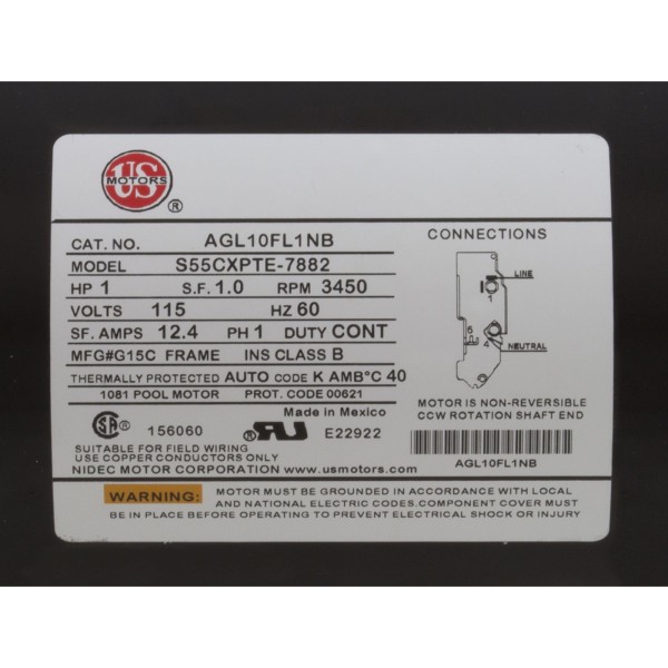 Motor, US Motor, 1.0hp, Thru Bolt, 1-Spd, 115v, 12A, Heat Transfer : AGL10FL1NB