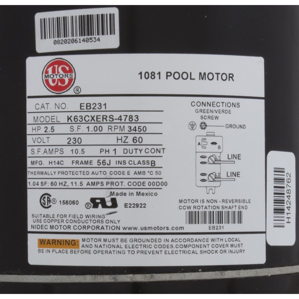 Motor, US Motor, 2.5 Horsepower, C-Face, 230v, Uprated : EB231