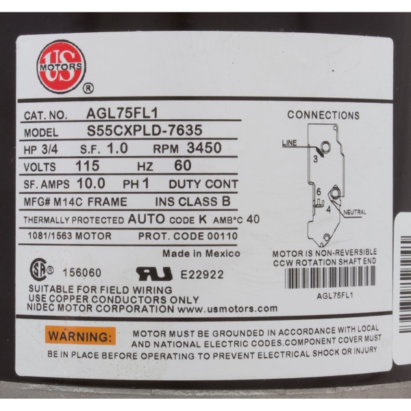 Motor, Nidec/US Motor, 0.75hp, 115v, 1-Speed, 48Y Frame : AGL75FL1