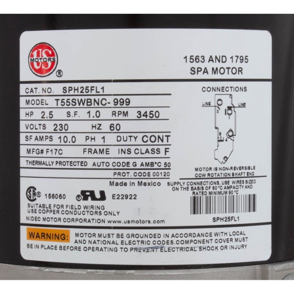 Motor, Nidec/US Motor, 2.5hp, 230v, 1-Speed, 48Y Frame : SPH25FL1