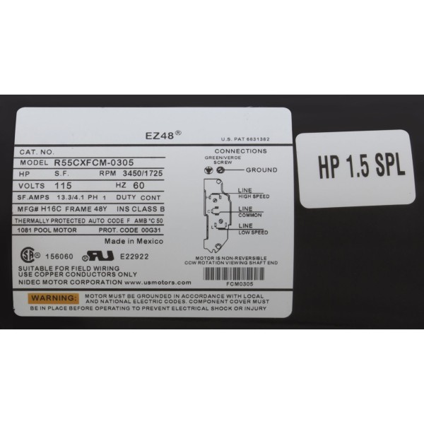 Motor, US Motor/WW, 1.5SPL, 115v, 2 Speed, 48 Frame : EZBN50