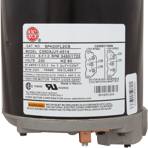 Motor, Nidec/US Motor, 2.0hp, 230v, 2-Speed, 48Y Frame : SPH20FL2CS