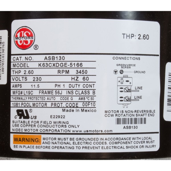 Motor, Nidec/US Motor, 2.0hp, 230v, 1Spd, 56Jfr, CFace, Thd, Full : ASB130