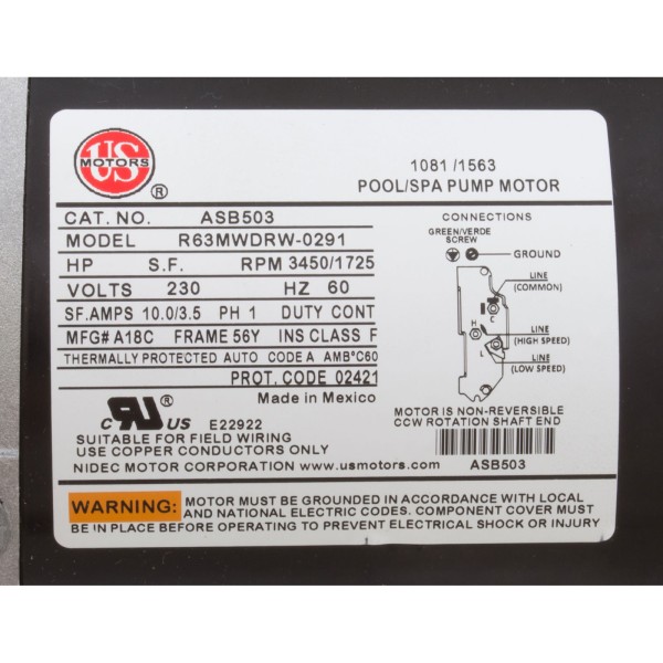 Motor, US Motor/WW, 1.0hp, 230v, 2-Speed, 56Y Frame : ASB503