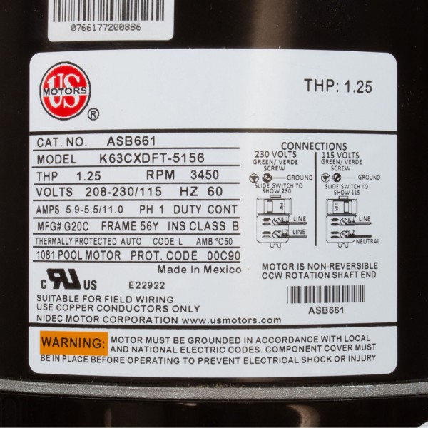 Motor, Nidec/USMtr, 0.75hp, 115/230v, 1Spd, 56Yfr, SQFL, Full, EE : ASB661
