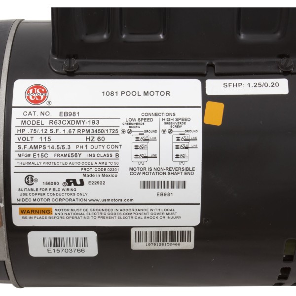 Motor, Nidec/US Motor, 0.75hp, 115v, 2-Spd, 56Yfr, SQFL, Full : EB981