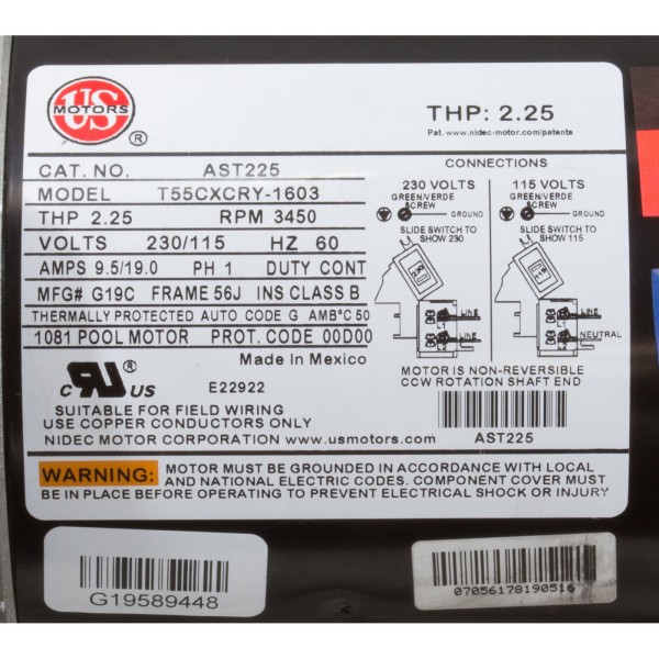 Motor, US Motor, 2.25hp, 115/230v, 56JFr, C-Face, THP Rated : AST225