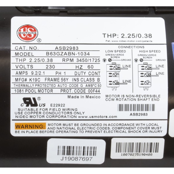 Motor, US Motor, 1.5hp, 2-Spd, 230v, 56YFr, SQFL, Full Rate, PE : ASB2983