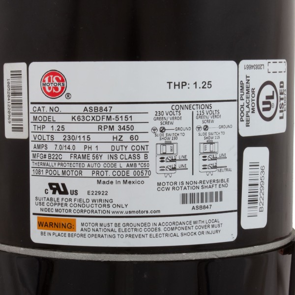 Motor, US Motor, 0.75hp, 115/230v, 56YFr, SQFL, Full Rated : ASB847