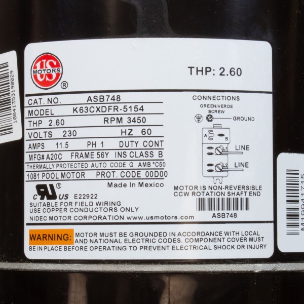 Motor, US Motor, 2.0hp, 230v, 56YFr, SQFL, Full Rated : ASB748