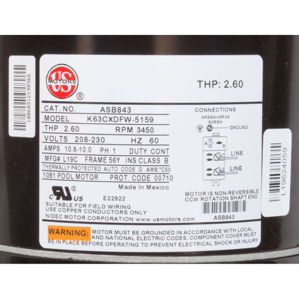 Motor, US Motor, 2.0hp, 208-230v, 56YFr, SQFL, Full, PE : ASB843