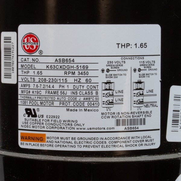 Motor, US Motor, 1.0hp, 115/208-230v, 56JFr, C-Face, Full, PE : ASB654