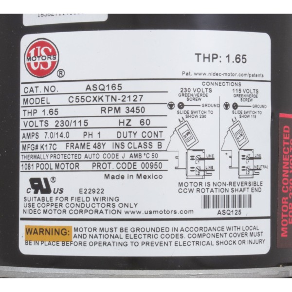Motor, Nidec/US Motor, 1.0hp, 115/230v, 48Yfr, SQFL : ASQ165